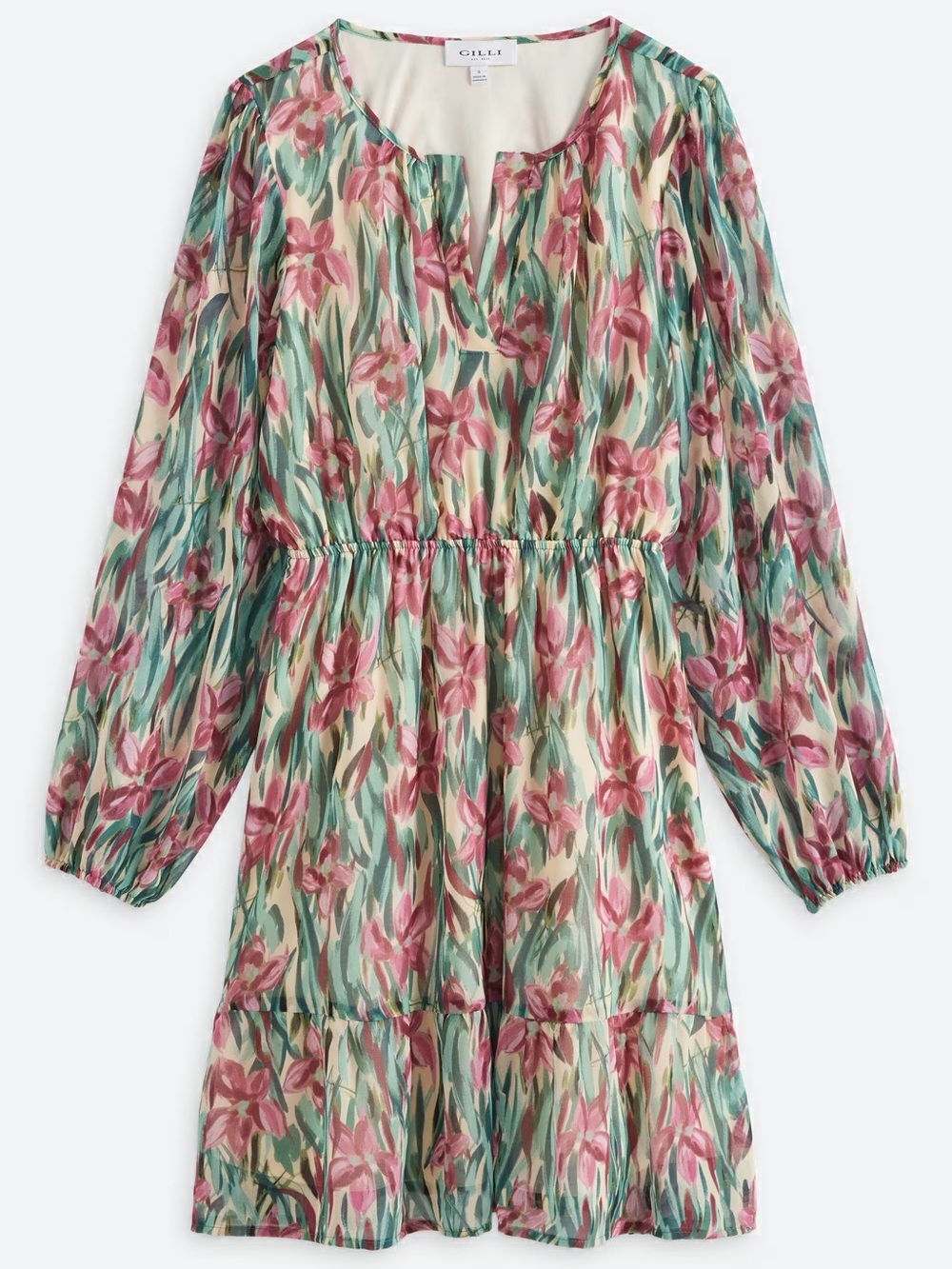 Gilli Floral Blouson Sleeve Tiered Mini Dress Green Pink Size L